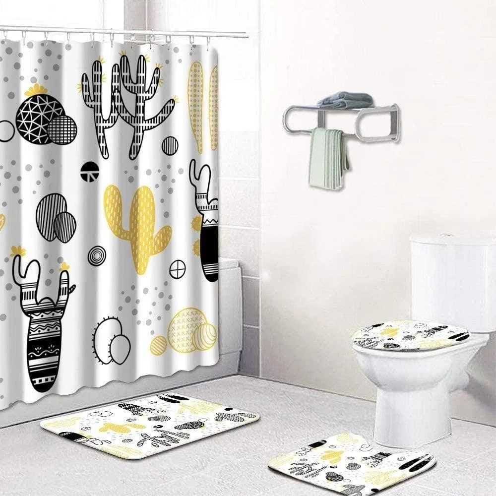 4 Pcs Cactus Bathroom Sets Black & Yellow Shower Curtain, Mat, Toilet Cover, Mat